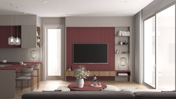 Уютная красная и деревянная гостиная и кухня в современной квартире, стол с цветами, обеденный стол со стульями. Ковер и паркет, телевизор, большое окно, идея дизайна интерьера