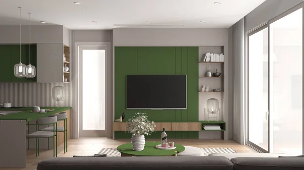 現代のアパートで居心地の良い緑と木製のリビングルームとキッチン 花とテーブル 椅子付きのダイニングテーブル カーペットや寄木細工 テレビ 大きな窓 インテリアデザインのアイデア — ストック写真