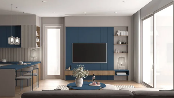 Útulný Modrý Dřevěný Obývací Pokoj Kuchyň Moderním Bytě Stůl Květinami — Stock fotografie