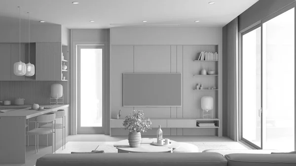 Proyek Draf Putih Total Ruang Tamu Dan Dapur Apartemen Modern — Stok Foto