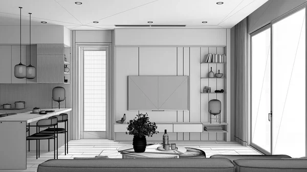 Unfinished project draft, living room and kitchen in modern apartment, table with flowers, dining table with chairs. Carpet and parquet, television, big window, interior design idea