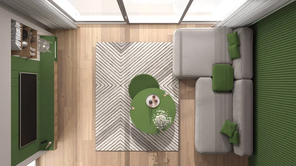 現代のアパート 寄木細工の床 ベルベットのソファ カーペット テレビ 窓付きのテーブルで居心地の良い緑と木製のリビングルーム トップビュー インテリアデザインのアイデア — ストック写真