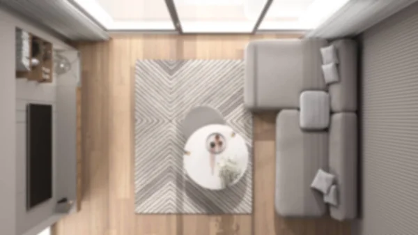 ぼかし背景 現代のアパートでのリビングルーム 寄木細工の床 ソファ カーペット テレビ 窓付きのテーブル トップビュー インテリアデザインのアイデア — ストック写真