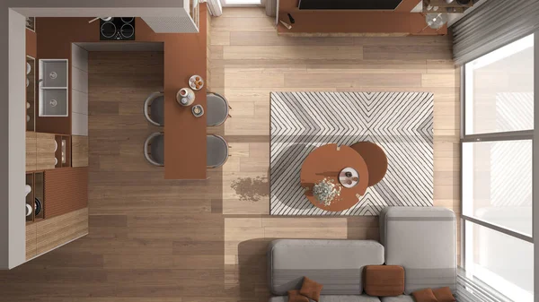 モダンなアパート ソファ 島とダイニングテーブル 椅子で居心地の良いオレンジと木製のリビングルームとキッチン カーペットや家電製品 トップビュー インテリアデザインのアイデア — ストック写真