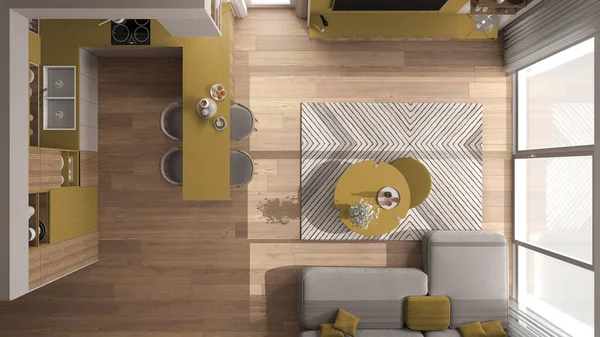 Gemütliches Gelbes Und Hölzernes Wohnzimmer Und Küche Moderner Wohnung Sofa — Stockfoto