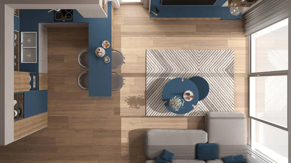 現代のアパート ソファ 島とダイニングテーブル 椅子で居心地の良い青と木製のリビングルームとキッチン カーペットや家電製品 トップビュー インテリアデザインのアイデア — ストック写真