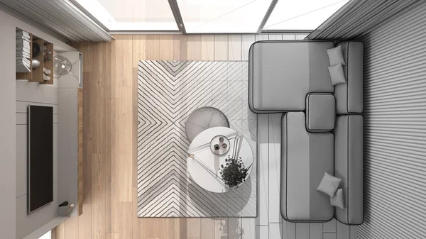 建築家のインテリアデザイナーの概念 リビングルーム 寄木細工 ソファ カーペット テーブル テレビ 窓になる手描きの下書き未完成のプロジェクト トップビュー 上記の — ストック写真