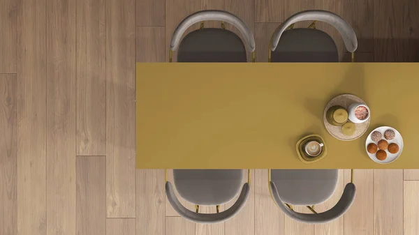 健康的早餐 自制饼干 卡布奇诺 餐桌用黄色色调 有天鹅绒扶手椅 花篮地板 顶视图 平面图 室内设计细节 — 图库照片