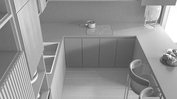 整个白色工程草案 厨房在现代公寓 扶手椅 诱导滚筒与锅 早餐与饼干 玻璃台灯顶部视图 室内设计 — 图库照片