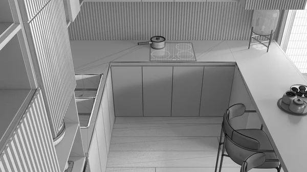 未完成的项目草案 厨房在现代公寓 扶手椅 诱导滚筒与锅 早餐与饼干 玻璃台灯顶部视图 室内设计 — 图库照片