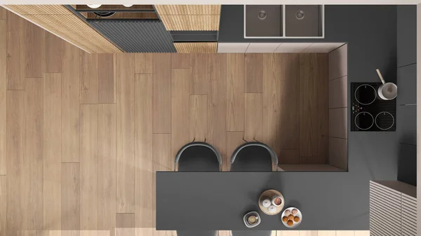 Gezellige Grijze Houten Keuken Modern Appartement Eettafel Stoelen Aanrecht Inductie — Stockfoto