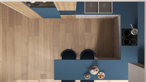 Acogedora Cocina Azul Madera Apartamento Moderno Mesa Comedor Sillas Fregadero — Foto de Stock