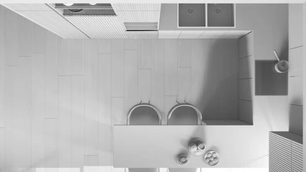 全白工程 厨房在现代公寓 诱导滚筒与锅 早餐与饼干和卡布奇诺 顶视图 平面图 室内设计 — 图库照片