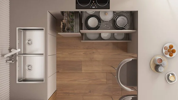 Cocina Beige Madera Cerca Con Cajones Abiertos Con Accesorios Mesa — Foto de Stock