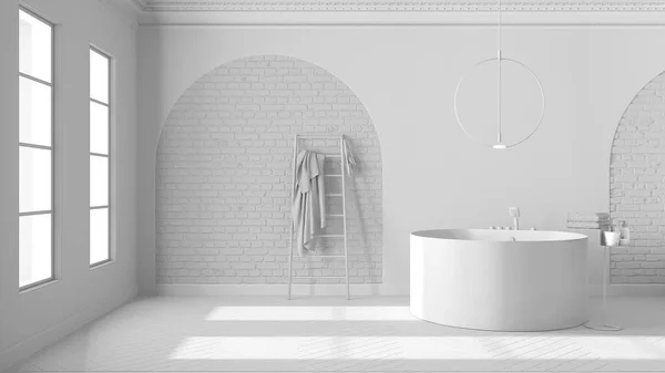 Totale Weiße Projektskizze Badausstattung Schaufenster Klassisches Interieur Dunklen Tönen Ziegelwände — Stockfoto