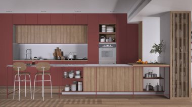 Modern kırmızı renkli ve ahşap mutfak, tabureli ada, parke. Fırın, ocak, lavabo ve aksesuarlar, çağdaş iç tasarım fikri.