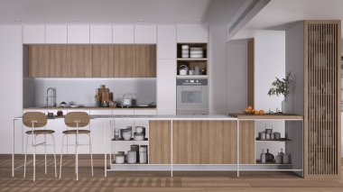 Modern beyaz ve ahşap mutfak, tabureli ada, parke. Fırın, ocak, lavabo ve aksesuarlar, çağdaş iç tasarım fikri.