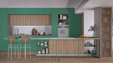 Modern turkuaz renkli ve ahşap mutfak, tabureli ada, parke. Fırın, ocak, lavabo ve aksesuarlar, çağdaş iç tasarım fikri.