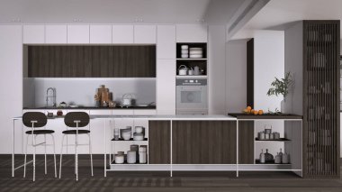 Modern beyaz ve koyu ahşap mutfak, tabureli ada, parke. Fırın, ocak, lavabo ve aksesuarlar, çağdaş iç tasarım fikri.