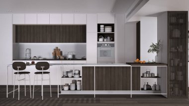 Modern beyaz ve koyu ahşap mutfak, tabureli ada, parke. Fırın, ocak, lavabo ve aksesuarlar, çağdaş iç tasarım fikri.