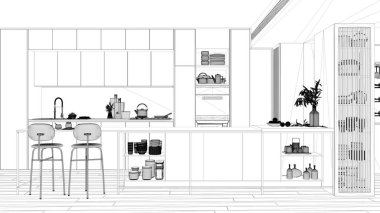 Proje taslağı, modern mutfak, tabureli ada, parke. Fırın, ocak, lavabo ve aksesuarlar, çağdaş iç tasarım fikri.