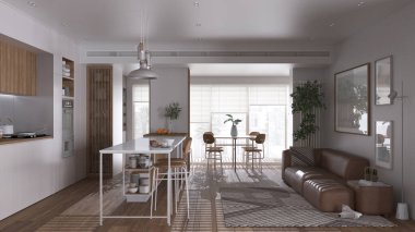 Modern panoramik oturma odası, mutfak ve yemek odası beyaz ve ahşap tonlarda. Tabureli, masalı, sandalyeli, kanepeli bir ada. Saksı bitkileri ve aksesuarlar. İç tasarım kavramı