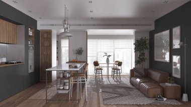 Modern panoramik oturma odası, mutfak ve yemek odası gri ve ahşap tonlarda. Tabureli, masalı, sandalyeli, kanepeli bir ada. Saksı bitkileri ve aksesuarlar. İç tasarım kavramı