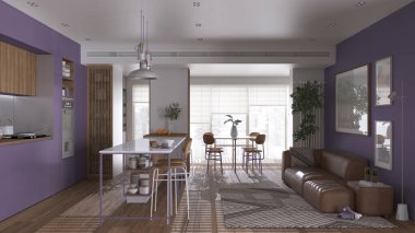 Modern panoramik oturma odası, mutfak ve yemek odası liyak ve ahşap tonlarda. Tabureli, masalı, sandalyeli, kanepeli bir ada. Saksı bitkileri ve aksesuarlar. İç tasarım kavramı