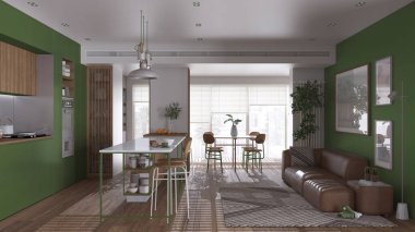Modern panoramik oturma odası, mutfak ve yemek odası yeşil ve ahşap tonlarda. Tabureli, masalı, sandalyeli, kanepeli bir ada. Saksı bitkileri ve aksesuarlar. İç tasarım kavramı