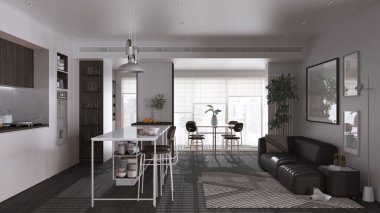 Modern panoramik oturma odası, mutfak ve yemek odası karanlık ve ahşap tonlarda. Tabureli, masalı, sandalyeli, kanepeli bir ada. Saksı bitkileri ve aksesuarlar. İç tasarım kavramı