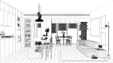 Taslak taslağı, oturma odası, mutfak ve yemek odası, hem de ahşap tonlarda. Ada, tabure, masa, sandalye, kanepe. Saksı bitkileri ve aksesuarlar. İç tasarım kavramı