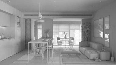 Tamamen beyaz proje taslağı, oturma odası, mutfak ve yemek odası, koyu ve ahşap tonlarda. Ada, tabure, masa, sandalye, kanepe. Saksı bitkileri ve aksesuarlar. İç tasarım kavramı