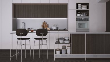 Modern beyaz ve koyu ahşap mutfak, tabureli ada, parke. Fırın, ocak, lavabo ve aksesuarlar, çağdaş iç tasarım konsepti.