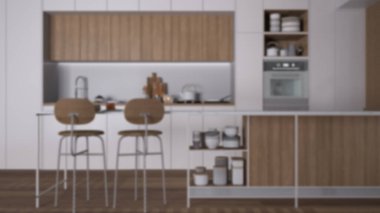 Bulanık arka plan, modern mutfak, tabureli ada, parke. Fırın, ocak, lavabo ve aksesuarlar, çağdaş iç tasarım konsepti.