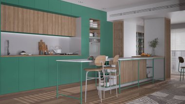 Modern dairede rahat turkuaz ve ahşap mutfak tabureli ada, parke. Fırın, ocak, lavabo ve aksesuarlar, çömleklerle dolu raflar. Çağdaş iç tasarım kavramı