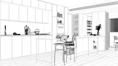 Proje taslağı, modern dairede mutfak tabureli ada, parke. Fırın, ocak, lavabo ve aksesuarlar, çömleklerle dolu raflar. Çağdaş iç tasarım kavramı