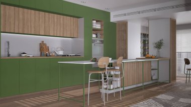 Modern apartmandaki rahat gri ve ahşap mutfak, tabureli ada, parke. Fırın, ocak, lavabo ve aksesuarlar, çömleklerle dolu raflar. Çağdaş iç tasarım kavramı