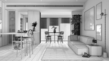 Modern panoramik dairede tamamlanmamış proje taslağı, oturma ve yemek odası. Tabureli bir ada, sandalyeli bir masa, kanepe, halı ve dekorasyonlu bir masa. İç tasarım kavramı