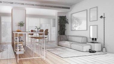 Mimari iç mimar konsepti: modern dairede gerçek, oturma ve yemek odası haline gelen el çizimi tamamlanmamış proje. Tabureli bir ada, sandalyeli bir masa, kanepe, halı