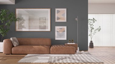 Modern minimalist gri ve ahşap oturma odası çağdaş dairede parke ile. Yastıklı, kepekli, lambalı ve saksılı kahverengi deri kanepe. İç tasarım konsepti.