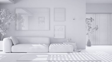 Tamamen beyaz proje taslağı, çağdaş dairede parke ile oturma odası. Yastıklı, kepekli, lambalı ve saksılı kahverengi deri kanepe. İç tasarım konsepti.