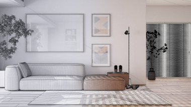 Mimar iç mimar konsepti: elle çizilmiş tamamlanmamış bir proje, parke ile oturma odası. Yastıklı, şapkalı, lambalı ve saksılı deri kanepe.