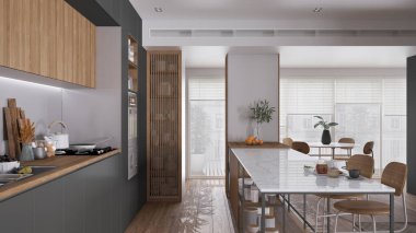 Modern apartmandaki rahat gri ve ahşap mutfak, tabureli ada, parke. Fırın, ocak, lavabo ve aksesuarlar, tencere ve kahvaltı. Çağdaş iç tasarım kavramı