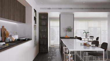 Modern bir dairede, iskemle, parke ve tabure ile kaplı, karanlık ve ahşap bir mutfak. Fırın, ocak, lavabo ve aksesuarlar, tencere ve kahvaltı. Çağdaş iç tasarım kavramı