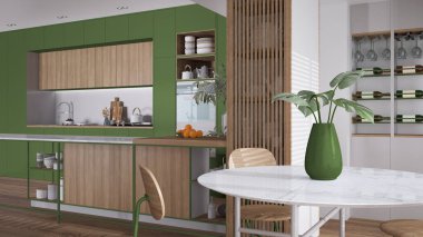 Modern yeşil ve ahşap mutfak, ada, parke ve dekorlar. Sandalyeli yemek masası, şarap mahzeni, çömlek ve aksesuarlı raflar. Çağdaş iç tasarım fikri