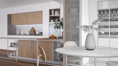 Mimari iç mimar konsepti: gerçek hale gelen el yapımı taslak proje, mutfak, ada, parke ve dekorlar. Sandalyeli yemek masası, açık şarap mahzeni.