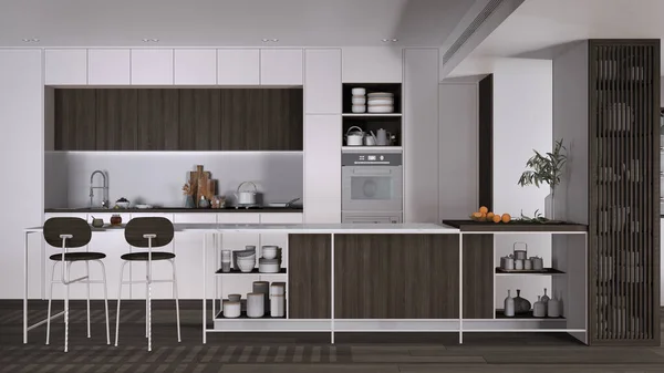 Cozinha Moderna Madeira Branca Escura Ilha Com Bancos Parquet Forno — Fotografia de Stock