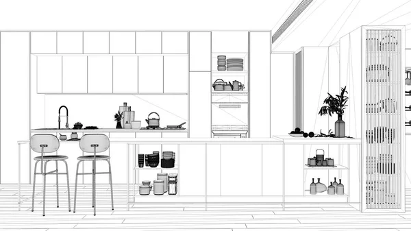 Проект Чертежа Современная Кухня Остров Стульями Паркет Духовка Плита Раковина — стоковое фото