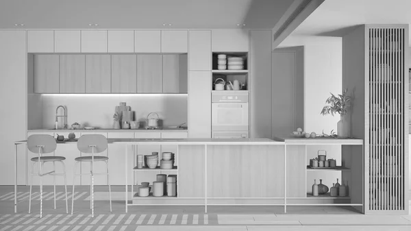 全白工程草案 现代厨房 岛上有凳子 洗涤槽及配件 当代室内设计理念 — 图库照片