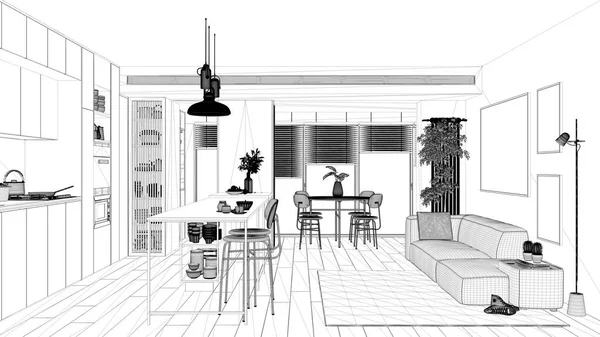 蓝图项目草图 厨房和餐厅的色调都是深色和木制的 盆栽及配件 室内设计概念 — 图库照片